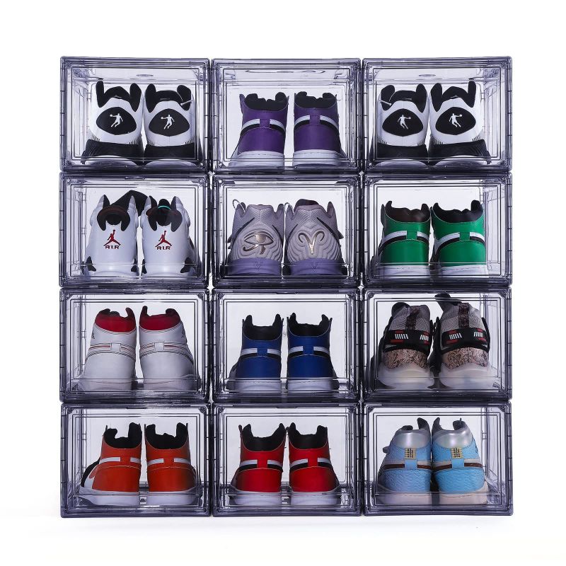 Photo 1 of 2 Pack Shoe Boxes, Clear Acrylic Plastic Shoe Boxes Stackable, Space-Saving Foldable Drop Front Shoe Storage Boxes Container for With Lids Fits Up to Size 14 (Black) 2 PACK