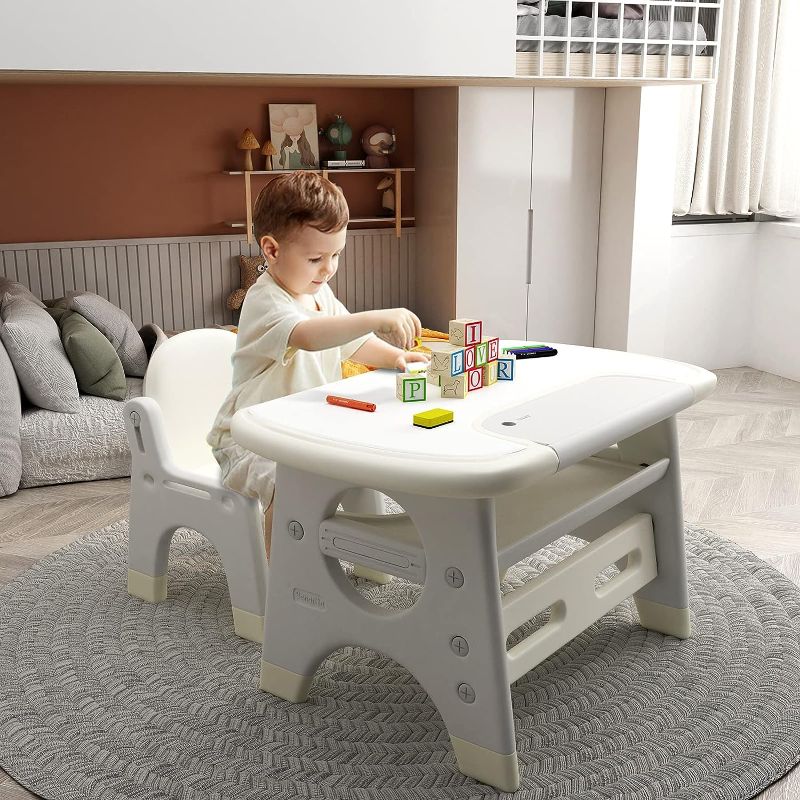 Photo 1 of Benarita Kids Drawing Table and Chair Set Dinosaur Shape Activity Table with Storage Shelf Stable Toddler Furniture Set for Drawing Reading Indoor Easy to Clean Gift for Boys Girls Grey
