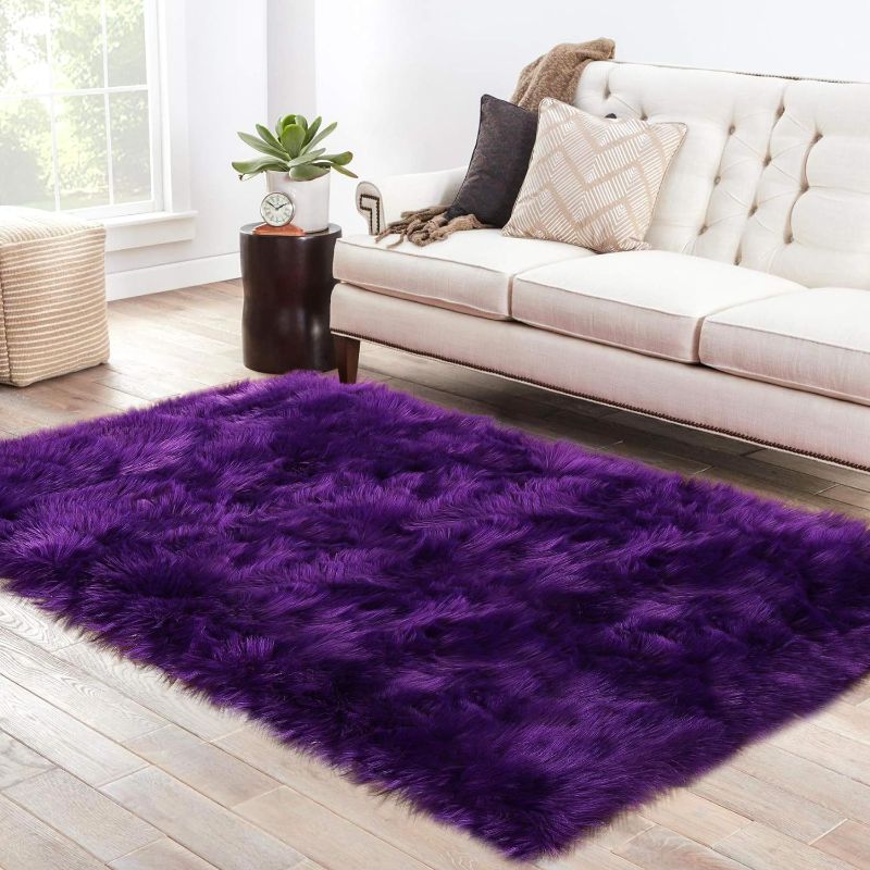 Photo 1 of  Soft Fluffy Purple Faux Fur Rugs for Bedroom Bedside Rug 3x5 Feet, Washable, Furry Sheepskin Area Rug for Living Room Girls Room, Luxury Shag Carpet Home Decor