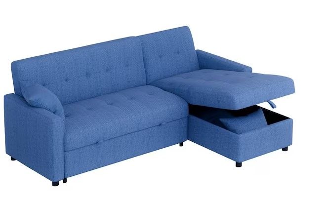 Photo 1 of *BOX 2 OF 2, INCOMPLETE SET* 81.9 in. Blue Cotton Reversible Sectional Sofa with Sleeper Queen Size Sofa Bed
