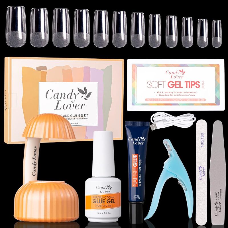 Photo 1 of Candy Lover Gel x Nail Kit, 552 Pcs Medium Square Fake Nails Tips with 4-in-1 Nail Glue Gel and Mini Nail Lamp Acrylic Nail Extension Kit for Women, at Home Nail Art Kit for Beginners
