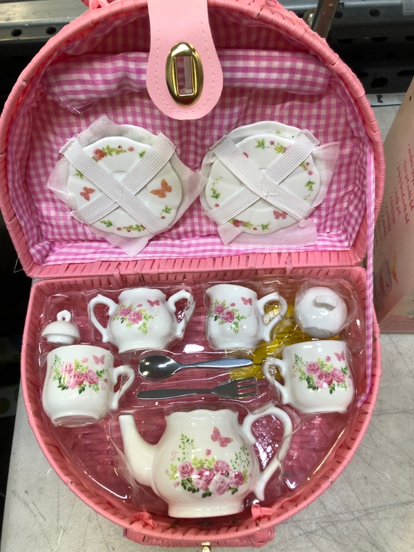 Photo 3 of Jewelkeeper Porcelain Tea Set for Little Girls with Pink Picnic Basket, Floral Design, 18 Pieces