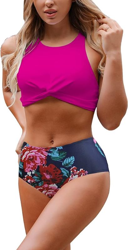 Photo 1 of Blooming Jelly Women's High Waisted Bikini Twist Two Piece Swimsuit High Neck Knotted Leaf Print Bathing Suit
