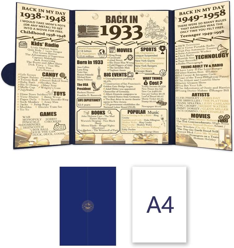 Photo 1 of 90th Birthday Party Decorations Poster, 90 Years Old Birthday Certificate Gift, 1933 Party Supplies Decorations Birthday Gifts for Women & Men, Great 90th Birthday Gifts for Him ?Back in 1933?
