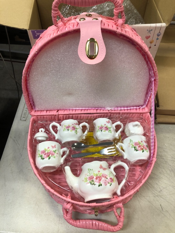 Photo 1 of Jewelkeeper Porcelain Tea Set for Little Girls with Pink Picnic Basket, Floral Design, 18 Pieces
