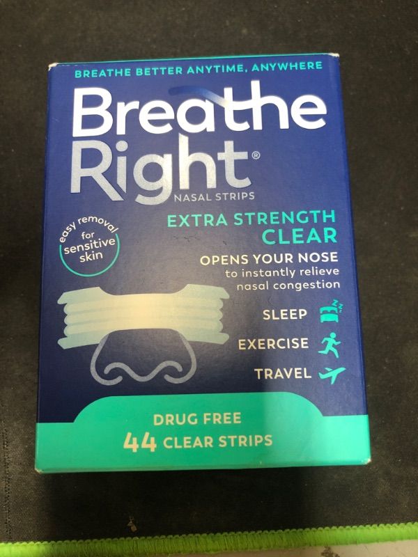 Photo 1 of Breathe Right Nasal Strips | Extra Strength | Clear | For Sensitive Skin I Drug-Free Snoring Solution & Nasal Congestion Relief Caused by Colds & Allergies | 44 Count (Packaging May Vary)