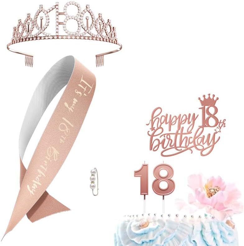 Photo 1 of 18th Birthday Gifts Decorations for Girls - Birthday Cake Topper, Balloons, Birthday Queen Sash with Pearl Pin, Tiara Crown and Candle Set, Rose Gold, Rose Gold (18th)
