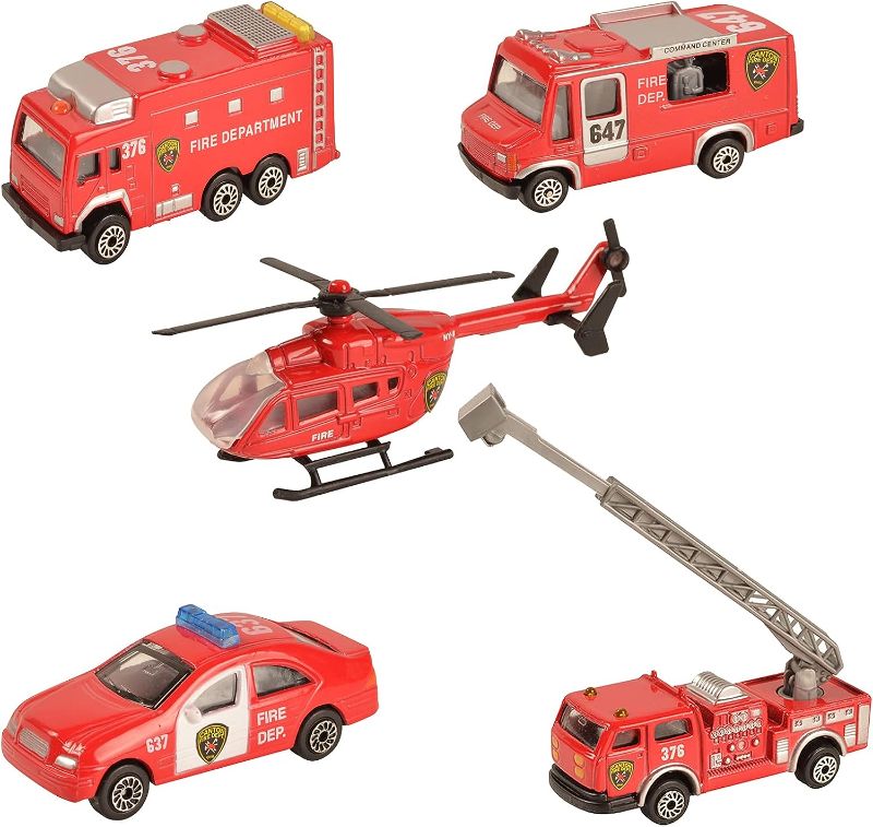 Photo 1 of BOHS Fire Emergency Race and Rescue Vehicles - Mini Die-cast Metal Miniature Model - Aerial Ladder Firetruck, Rescue Helicopter, Water Tank Fire Engine,Patrol Car,Commander Center (Pack of 5)
