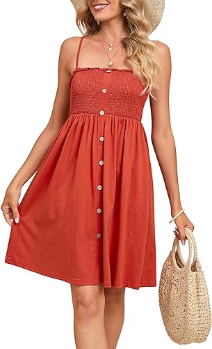 Photo 1 of KOJOOIN Womens Spaghetti Strap Sleeveless Smocked Button Down Casual Loose Swing Mini Dresses
