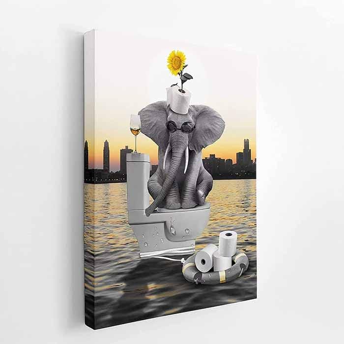 Photo 1 of Bathroom Wall Art Elephant Sunflower Wall Art Funny Animal Elephant with Sunflower Sit on Toilet Bathroom Decor Painting Print Artwork 12x16 inch
