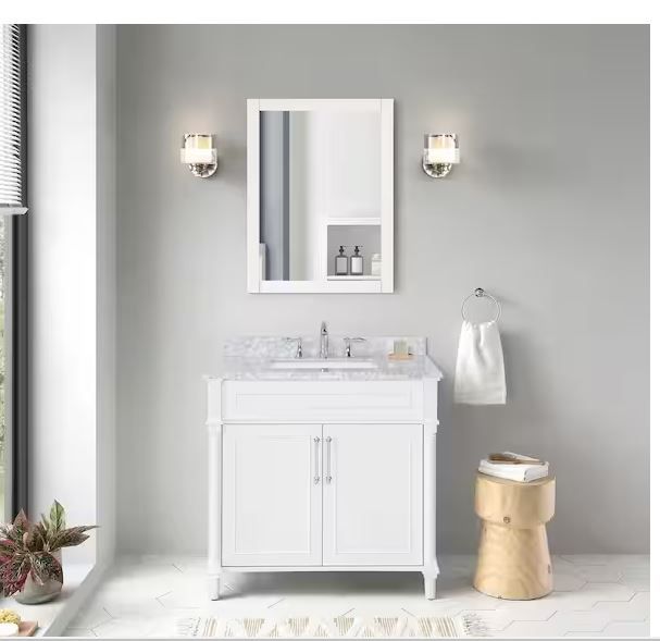 Photo 1 of Aberdeen 36 in. W x 22 in. D x 34.5 in. H Single Sink Bath Vanity in White with Carrara Marble Top
