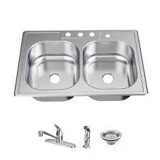 Photo 1 of 33 in. Drop in Double Bowl 22 Gauge Stainless Steel Kitchen Sink with 4-Holes
