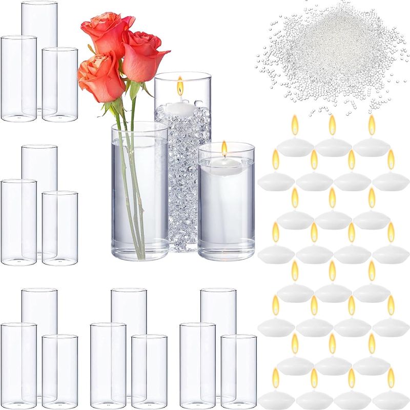 Photo 1 of 36 Pcs Cylinder Vases for Centerpieces Glass Vases for Flowers with 3 Different Sizes Floating Candle Vases with Water Filler Beads Home Decoration 4, 6, 8 Inches in Height
