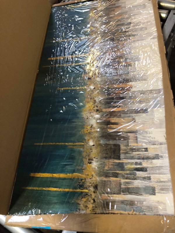 Photo 2 of Ardemy Teal Abstract Cityscape Canvas Wall Art Modern Skyline Gold Painting Blue Grey Textured Large Size 40"x20" Picture Turquoise Artwork Framed for Living Room Bedroom Bathroom Home Office Wall Decor 40"x20" Design 2