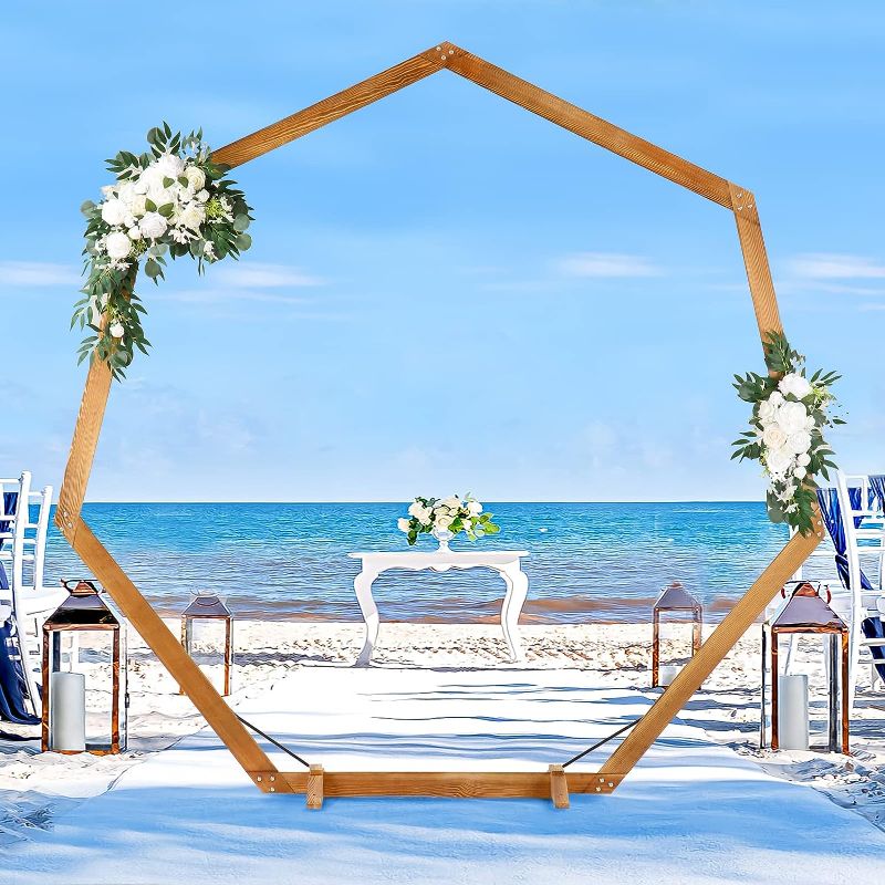 Photo 1 of 7.2FT Heptagonal Wooden Wedding Arch for Wedding Ceremonies, Parties, Backdrops, Garden Decorations, Indoor, Outdoor Rustic Farmhouse Theme Photography Backdrop Stands (Drapes & Flowers Not Included) 7.2FT Heptagonal Arch