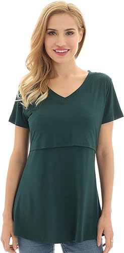 Photo 1 of Bearsland Womens V Neck Nursing Tops Maternity Breastfeeding Tee Shirt (DARK GREEN - SMALL)
