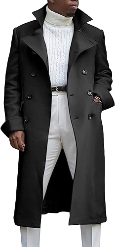 Photo 1 of Ebifin Men's Notch Lapel Double Breasted Long Trench Coat Casual Cotton Blend Peacoat (XLARGE - BLACK)