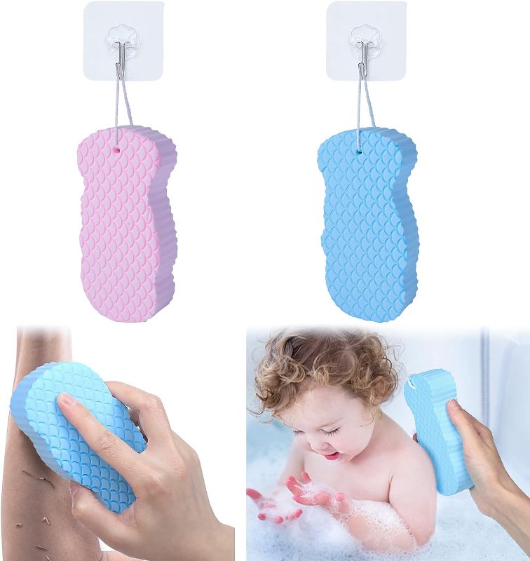 Photo 1 of 2Pcs Ultra Soft Bath Body Shower Sponge, Resuable Exfoliator Dead Skin Remover,Super Soft Exfoliating Bath Sponge with 2 Sticky Hooks for Pregnant Women, Adult and Children(Pink and Blue)
