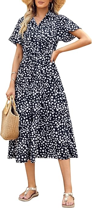 Photo 1 of Esobo Women's Bohemian Floral Printed Dress Button V Neck Short Sleeve Beach Party Maxi Dresses - SIZE L/XL
