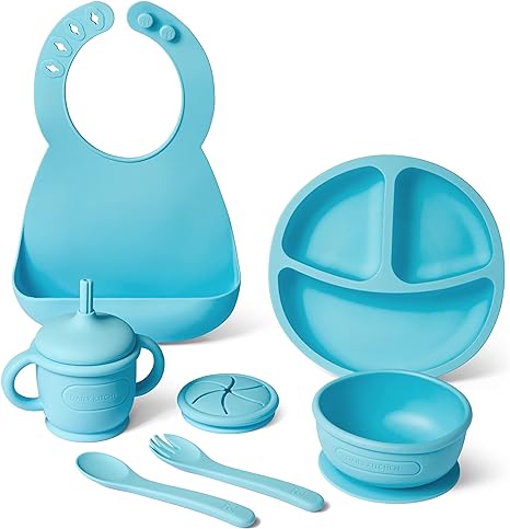 Photo 1 of Daily Kitchen Baby Feeding Supplies 8 Piece Set – Toddler Plates and Bowls Set Silicone Baby Feeding Set for Weaning – Baby Eating Supplies Include Bib, Spoon, Fork, Silicone Cup with Straw (blue)
