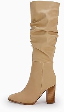 Photo 1 of 8---Coutgo Womens Faux Suede Knee High Boots Side Zipper Chunky Heel Stretch Winter Boots
