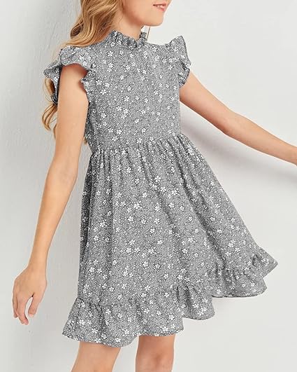 Photo 1 of  MIRACMODA Girls 5/6 Years Old Casual Ditsy Boho Floral Butterfly Cap Sleeve Ruffle High Waist Hem A Line Dress
