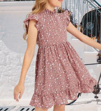 Photo 1 of  MIRACMODA Girls 7/8 Years Old Casual Ditsy Boho Floral Butterfly Cap Sleeve Ruffle High Waist Hem A Line Dress
