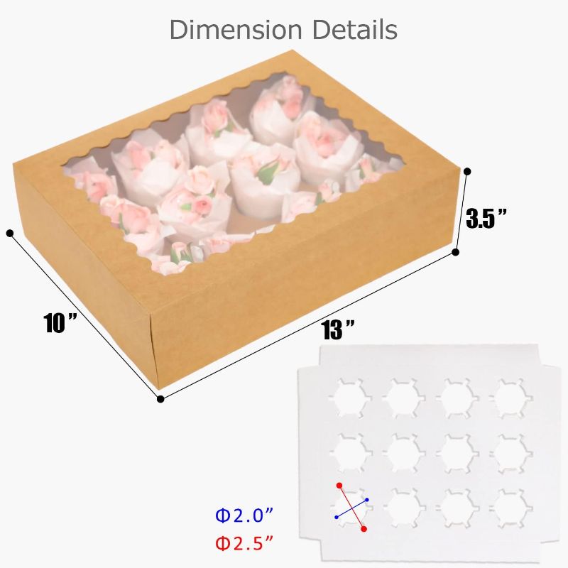 Photo 1 of 12 Cupcake Boxes with Window 21-Packs Kraft Cupcake Box 13"x10"x3.5" Cupcakes Carrier, 12 Cupcake Containers
