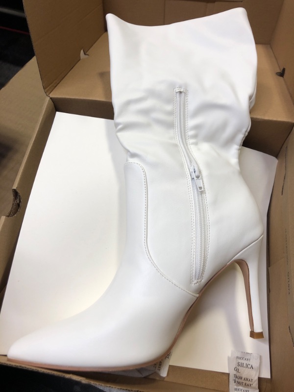 Photo 2 of 8---Coutgo Womens Mid Calf Boots Stiletto High Heels Closed Pointed Toe Side Zipper Faux Leather Fall Winter Dressy Shoes   White