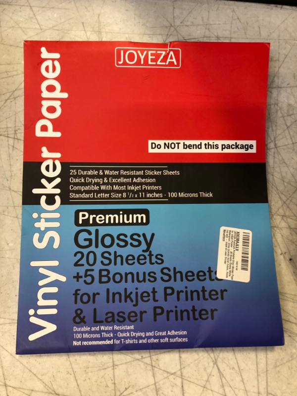 Photo 2 of JOYEZA Premium Printable Vinyl Sticker Paper for Inkjet Printer - 25 Sheets Glossy White Waterproof, Dries Quickly Vivid Colors, Holds Ink well - Inkjet & Laser Printer