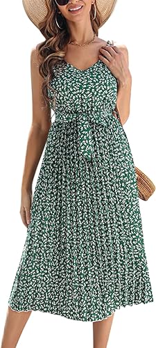 Photo 1 of Women's Summer Sundress V Neck Floral Spaghetti Strap A Line Swing Casual Dresses with Belt  XXL