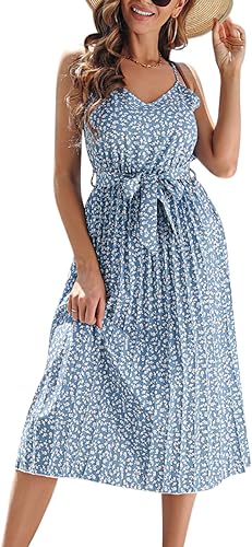 Photo 1 of Women's Summer Sundress V Neck Floral Spaghetti Strap A Line Swing Casual Dresses with Belt LARGE