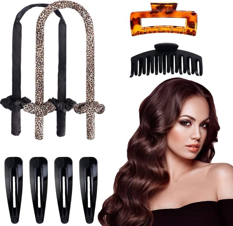 Photo 1 of 2 Pack Heatless Curling Rod Headband Heatless Hair Curler for Long Hair No Heat Silk Curling Set for Sleep in Overnight Soft Rubber Hair Rollers for Women?Black+Leopard print?