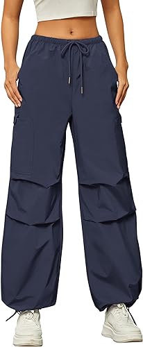 Photo 1 of Flowyair Parachute Pants for Women Drawstring Baggy Cargo Pants Elastic Waist Y2K Straight Leg Trousers with Pockets XL