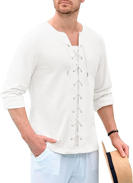 Photo 1 of Mens Cotton Linen Roll Up Long Sleeve Shirts Lace Up Drawstring Casual Pirate Poet Top MEDIUM