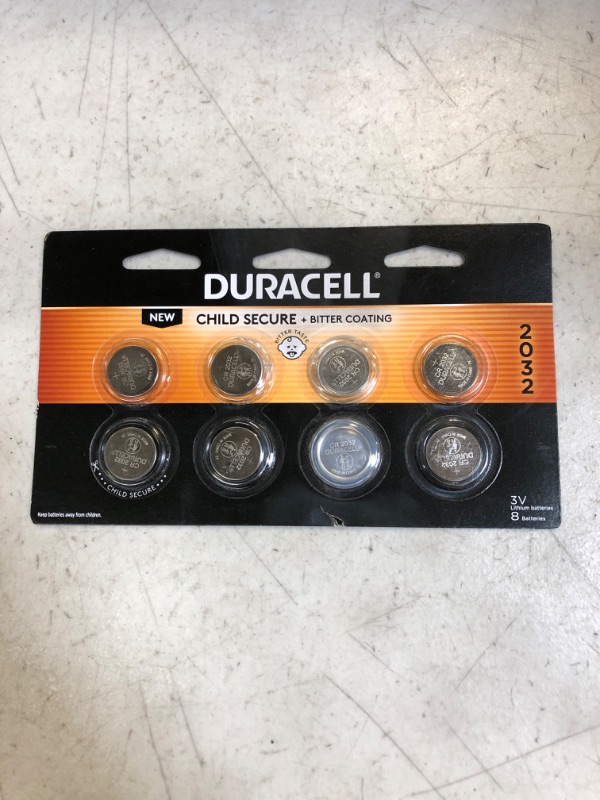 Photo 2 of Duracell CR2032 3V Lithium Battery, Child Safety Features, 8 Count Pack, Lithium Coin Battery for Key Fob, Car Remote, Glucose Monitor, CR Lithium 3 Volt Cell 8 Count (Pack of 1) 8 Count