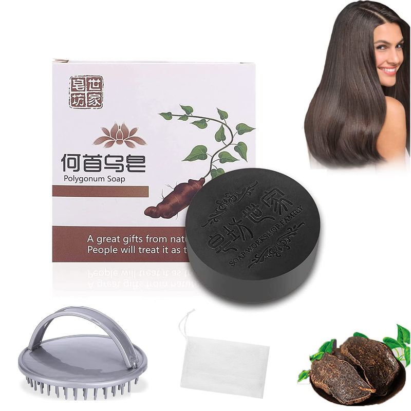 Photo 1 of [LOT OF 2] Hira Darkening Shampoo Bar for Gray Hair, Gray Hair Reverse Bar, Black & Thick Hair Deeply Cleanses the Hair and ScalpNatural Organic Moisturizes and Repairs Hair Damage(100G)/Send a Scalp Massager Shampoo Brush.
