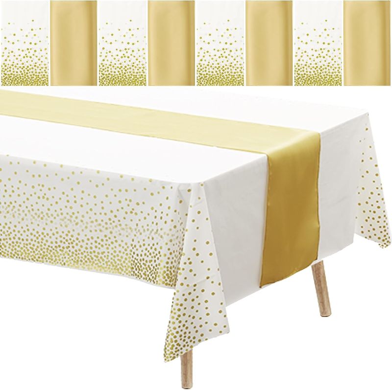 Photo 1 of 8Pcs Disposable Table Cloth and Table Runner, Rectangle Gold Dot White Party Tablecloths and Gold Table Runners for Indoor or Outdoor Banquet, BBQ, Party, Wedding, Thanksgiving
