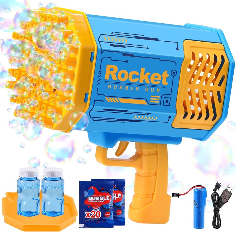 Photo 1 of Bubble Gun, 69 Holes Rocket Launcher Bubble Machine with Colorful Lights, Bubble Maker Machine for Kids Adults Summer Outdoor Toy Wedding Party Birthday Gifts (Blue)
