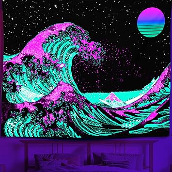 Photo 2 of Apdidl Blacklight Tapestry for Bedroom UV Reactive Ocean Great Wave Tapestries Aesthetic Japanese Kanagawa Wall Hanging Neon Sunset Sea Backdrop Poster Decor for Living Room W79 H60