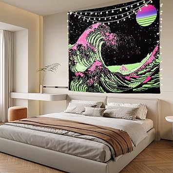 Photo 1 of Apdidl Blacklight Tapestry for Bedroom UV Reactive Ocean Great Wave Tapestries Aesthetic Japanese Kanagawa Wall Hanging Neon Sunset Sea Backdrop Poster Decor for Living Room W79 H60