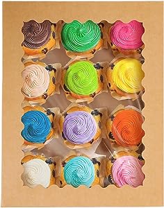 Photo 1 of 12 Cupcake Boxes with Window 21-Packs Kraft Cupcake Box 13"x10"x3.5" Cupcakes Carrier, 12 Cupcake Containers