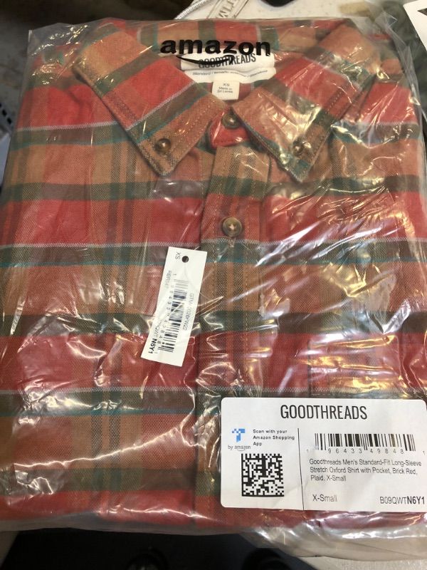 Photo 2 of Goodthreads Men's Standard fit Long Sleeve Stretch Shirt with Pocket X-Small Brick Red Plaid