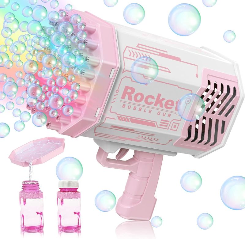 Photo 1 of 69 Holes Big Bubble Machine - Rocket Launcher Bubble Gun Toys with Colorful Light Party Favors for Kids Adults,Bubble Blower for Summer Outdoor Indoor Toys,Bubble Maker for Wedding Birthday Gift,Pink
