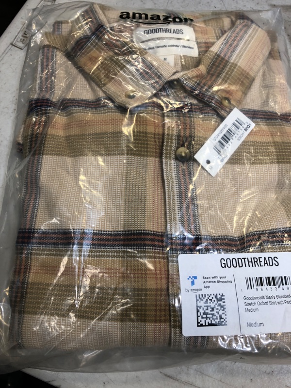 Photo 2 of Goodthreads Men's Standard fit Long Sleeve Stretch Shirt with Pocket Medium Tan Plaid