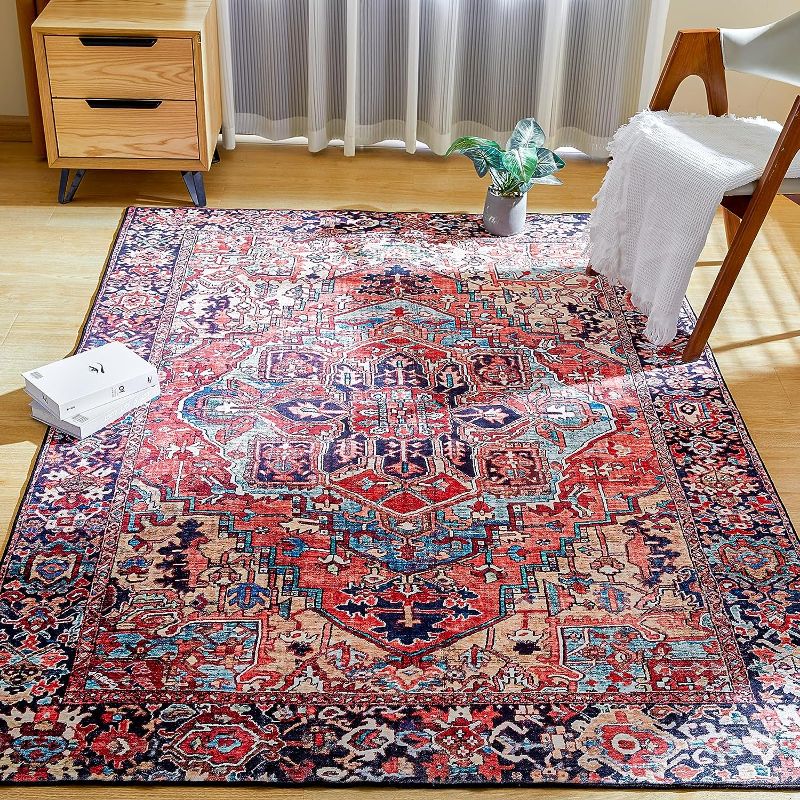 Photo 1 of  Boho Living Room Rugs - Washable Bedroom Area Rug 5x7, Persian Vintage Fluffy Rug for Nursery Kids Room Non-Slip Non-Shedding Low-Pile Shaggy Carpet Indoor Floor, Brick Red