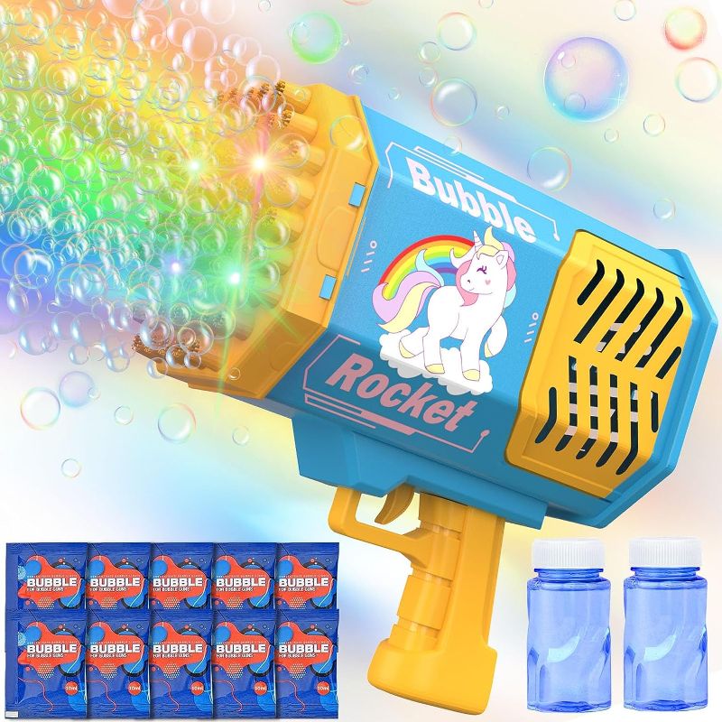 Photo 1 of Bubble Gun, 69 Holes Bubble Machine Gun with Colorful Lights/Bubble Solution Bubble Machine for Kids Adults Ideal Bubble Maker Toys Gift for Birthday, Wedding, Party, Indoor Outdoor Play (Blue)