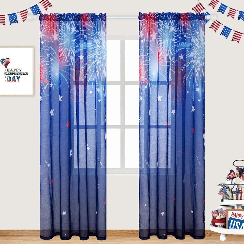 Photo 1 of 
FRAMICS Independence Day Curtains 4th of July Ombre Sheer Curtains Fireworks and Stars Drapes Patriotic Memorial Day Rod Pocket Window Treatments for Living Room Bedroom(52" W x 84" L, 2 Panels)