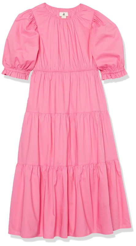 Photo 1 of Amazon Essentials Girls' Cotton Blend Puff Sleeve Tiered Maxi Dress (Previously Amazon Aware), Pink,  10 YR