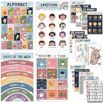 Photo 1 of 18 Boho Educational Posters For Toddlers, Learning Posters For Toddlers 1-3, Abc Chart - Alphabet Poster Laminated Preschoolers/Kids, Preschool Homeschool Posters For Kindergarten Classroom Wall Decor - DESIGN MAY VARY